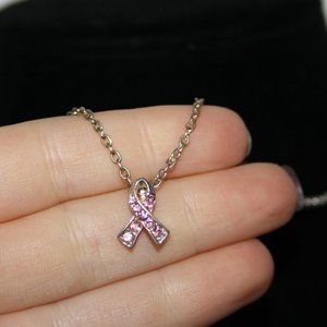 Silver pink awareness ribbon necklace 16-18"